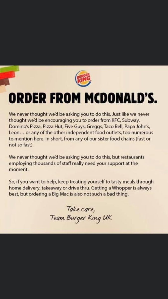 openingvalue's tweet photo. In the #CollaborativeEra that is emerging competitors are deciding to support each other for the benefit of all. @BurgerKing and @McDonalds are the latest example, following a recent case of @adidas JustDoingIt supporting @Nike #antiracism stance https://t.co/rBaYFEW1ET
