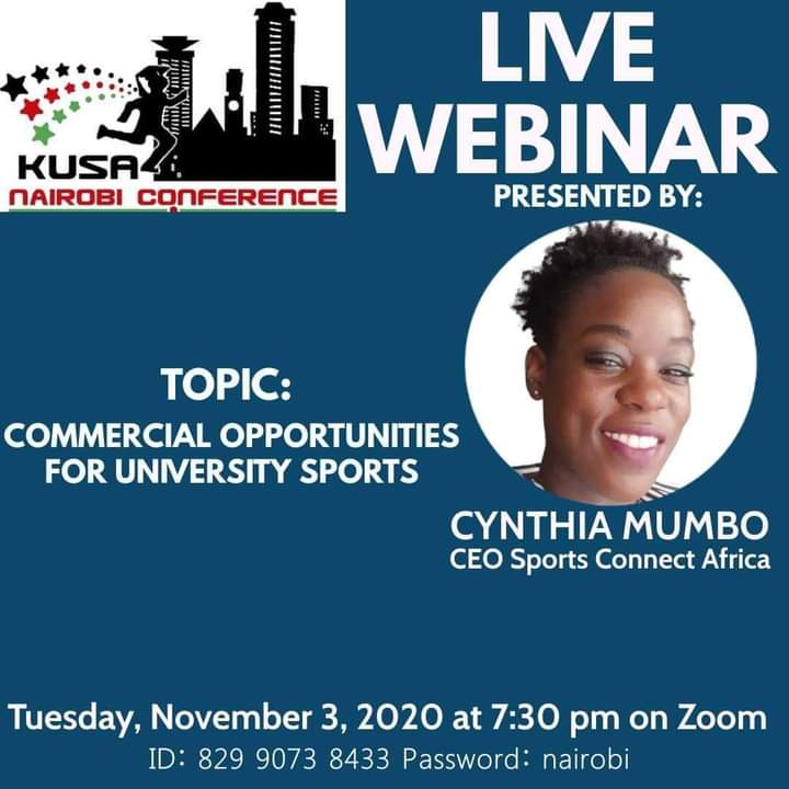 CynMumbo's tweet photo. ⚠ Webinar Alert ⚠ 
Catch up with me this evening as we discuss the opportunities in university sports. 

Time: THIS TUESDAY Nov 3, 2020 07:30 PM Nairobi  

Join Zoom Meeting 
https://t.co/sEPD2vUb6H

Meeting ID: 829 9073 8433
Passcode: nairobi

#sportsbiz #AfricaSportsTalks https://t.co/Rcui8SalHC