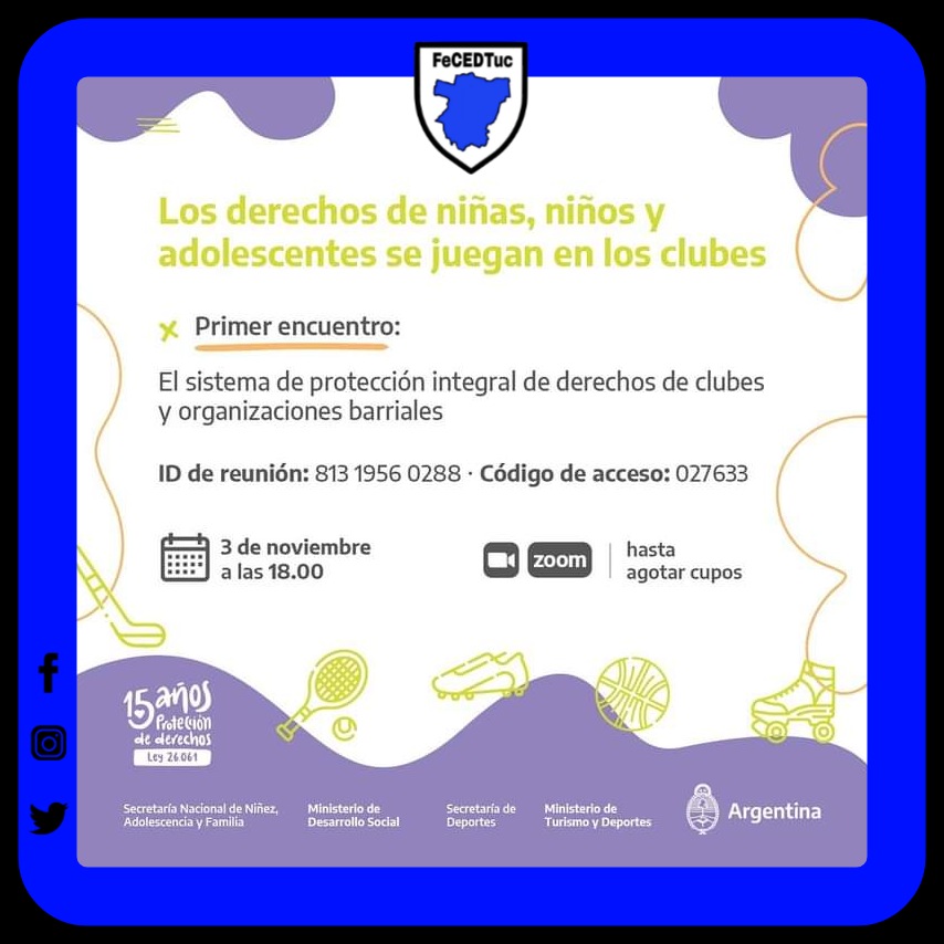 FeCEDTuc's tweet photo. @TurDepAR ➡️ Con el panel sobre el sistema de protección integral de derechos en clubes y organizaciones barriales, mañana comienza el ciclo de charlas destinado a fortalecer el rol de las instituciones deportivas y comunitarias. ⚽🏀🎾
Más información en https://t.co/EdcaPOBoY4 https://t.co/z7zugcXDrR