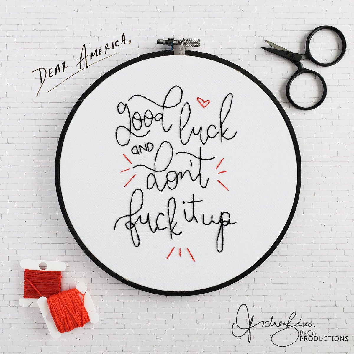 andreabeiko's tweet photo. To all my American friends....#dontfuckitup #vote 
.
.
@becoproductions
#Election2020 #ElectionDay #ElectionNight #embroidery https://t.co/6Uxf4ASPxn