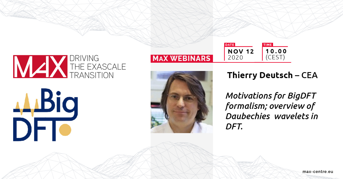 max_center2's tweet photo. "Motivations for BigDFT formalism: overview of Daubechies wavelets in #DFT"
Thierry Deutsch, @CEA_Officiel #Research Director, will join next webinar to describe the features made possible by the peculiar properties of #Daubechies #wavelets in #BigDFT
https://t.co/FZ3vS3jYO5 https://t.co/fqzXw45UF7