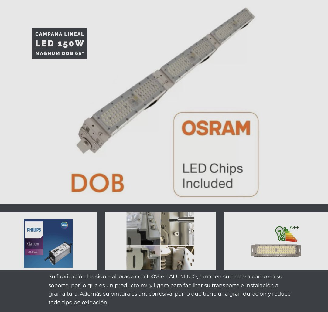 factorledspain's tweet photo. Campana premontada compuesta de 3 módulos ópticos de 50w con las especificaciones que lo convierten en una luminaria capaz de iluminar de forma eficaz en zonas industriales y de exterior.

https://t.co/i0CIgWwiaA 

#factorled #led #iluminacionled #campanaled #osramled #estiloled https://t.co/DRHnO3JBgf
