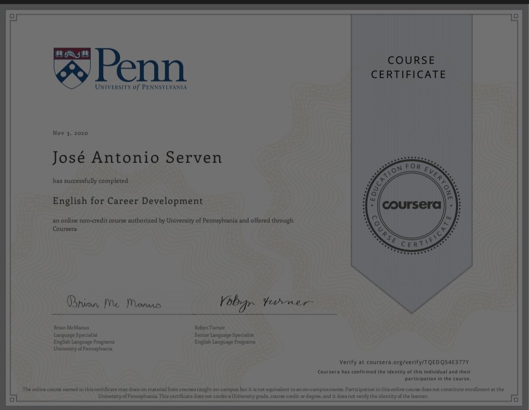 JoseAServen's tweet image. @coursera @pennlaw @Penn #englishforcareerdevelopment