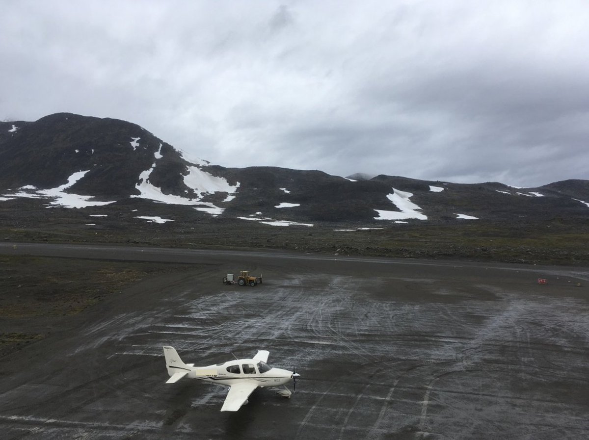 Where the ice shelf meets the ocean: not a good place for engine rumble. Later turns out to be just nosewheel shimmy, but we don't know that yet and are happy to get to a rainy Kulusuk.