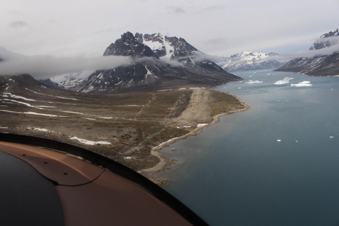 After takeoff from Kulusuk we pass by Bluie East 2, an abandoned USAF field. Last glimpses of Greenland...