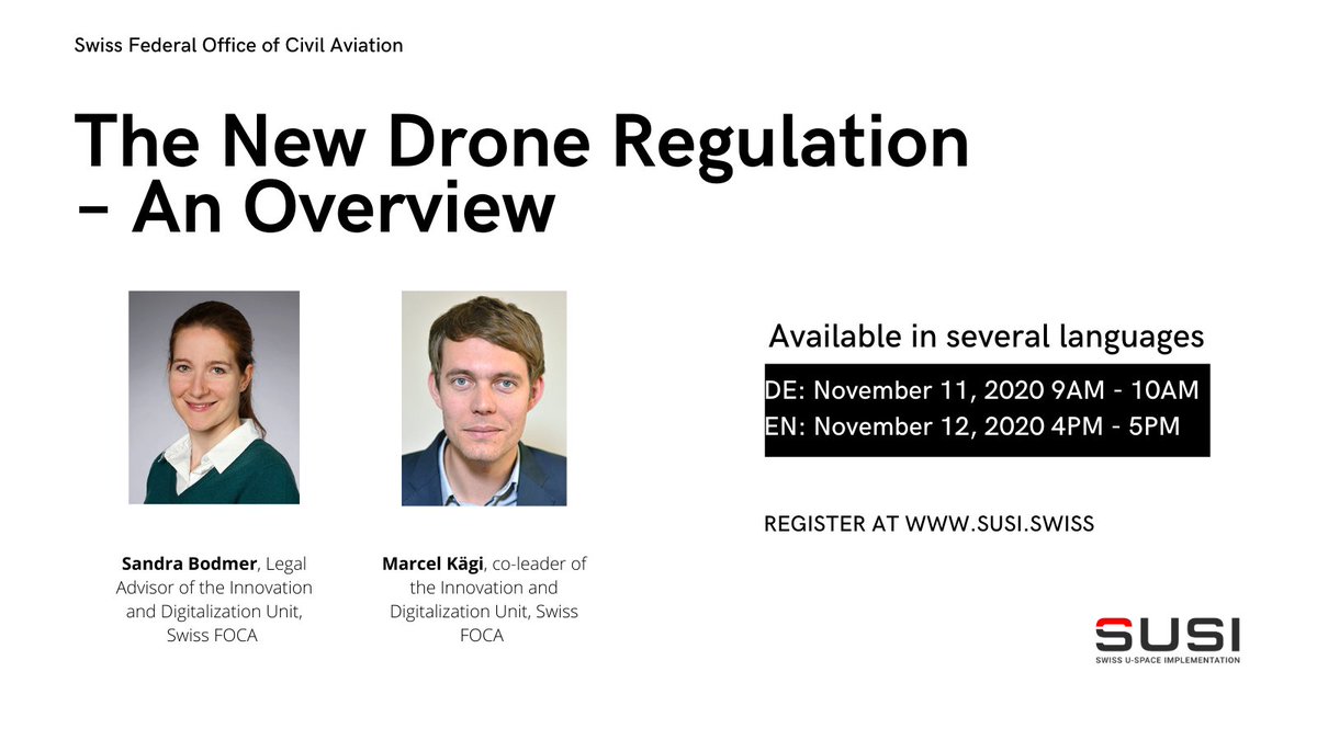 swiss_uspace's tweet photo. Register for the webinar! Sandra Bodmer and @marcelkaegi   will have the pleasure to give you an overview of the new drone regulations and to explain to you what this harmonization is all about... #drones #swisstech #innovation
https://t.co/GpKFd9nUSf https://t.co/856PBWpYLj