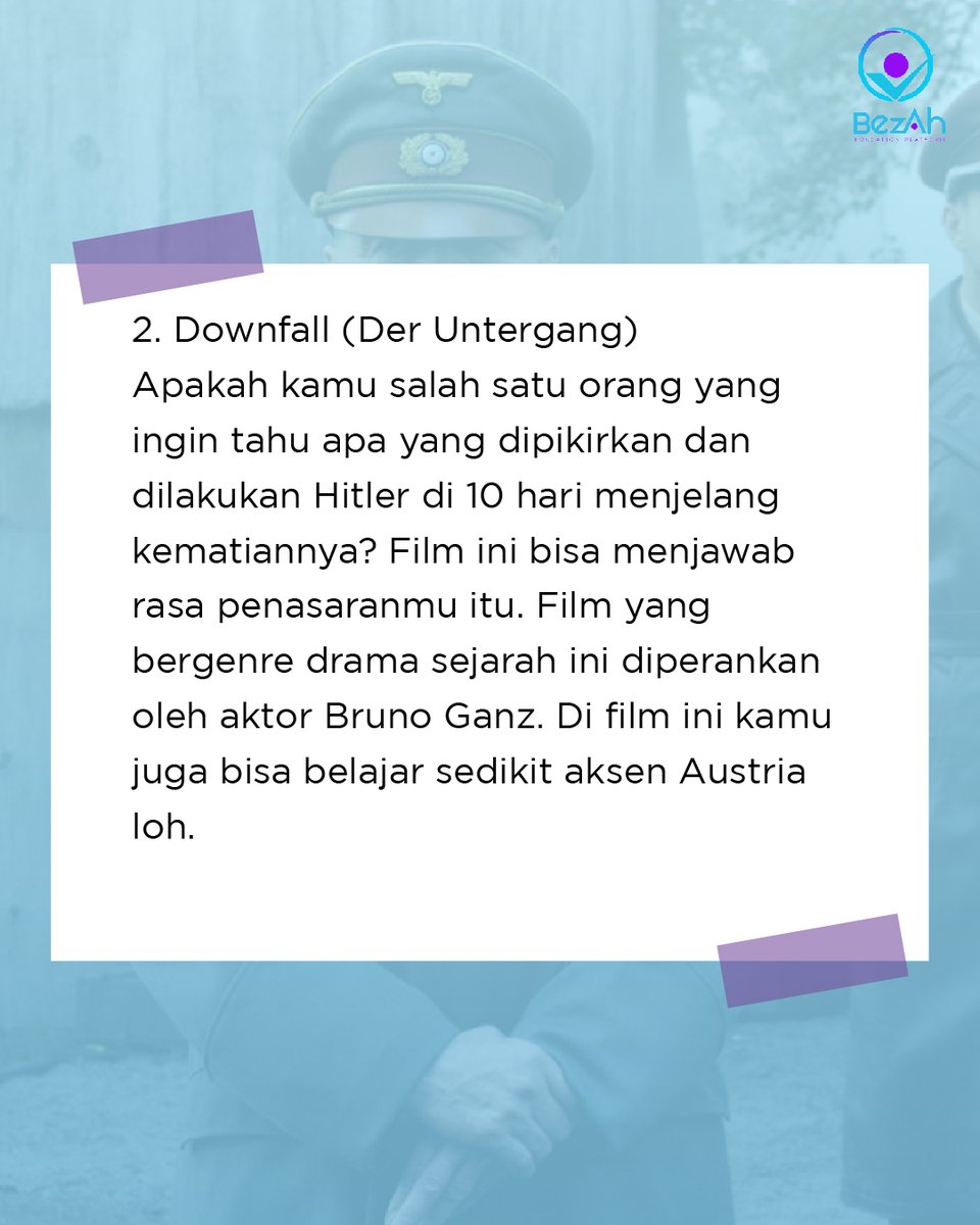 BezahOnline's tweet photo. Daftar film rekomendasi buat kamu belajar jerman! Mempelajari bahasa tentu bisa dengan berbagai macam cara
#movie 
#Movies
#moviestar
#movielover
#MovieAddict
#Deutsch 
#bimbelonline 
#bimbelmurah 
#Bezah
#Bezaheducationplatform
#kursusbahasaasing
#languangelearning https://t.co/nyJmkAXKDX