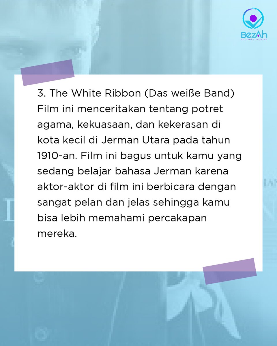 BezahOnline's tweet photo. Daftar film rekomendasi buat kamu belajar jerman! Mempelajari bahasa tentu bisa dengan berbagai macam cara
#movie 
#Movies
#moviestar
#movielover
#MovieAddict
#Deutsch 
#bimbelonline 
#bimbelmurah 
#Bezah
#Bezaheducationplatform
#kursusbahasaasing
#languangelearning https://t.co/nyJmkAXKDX