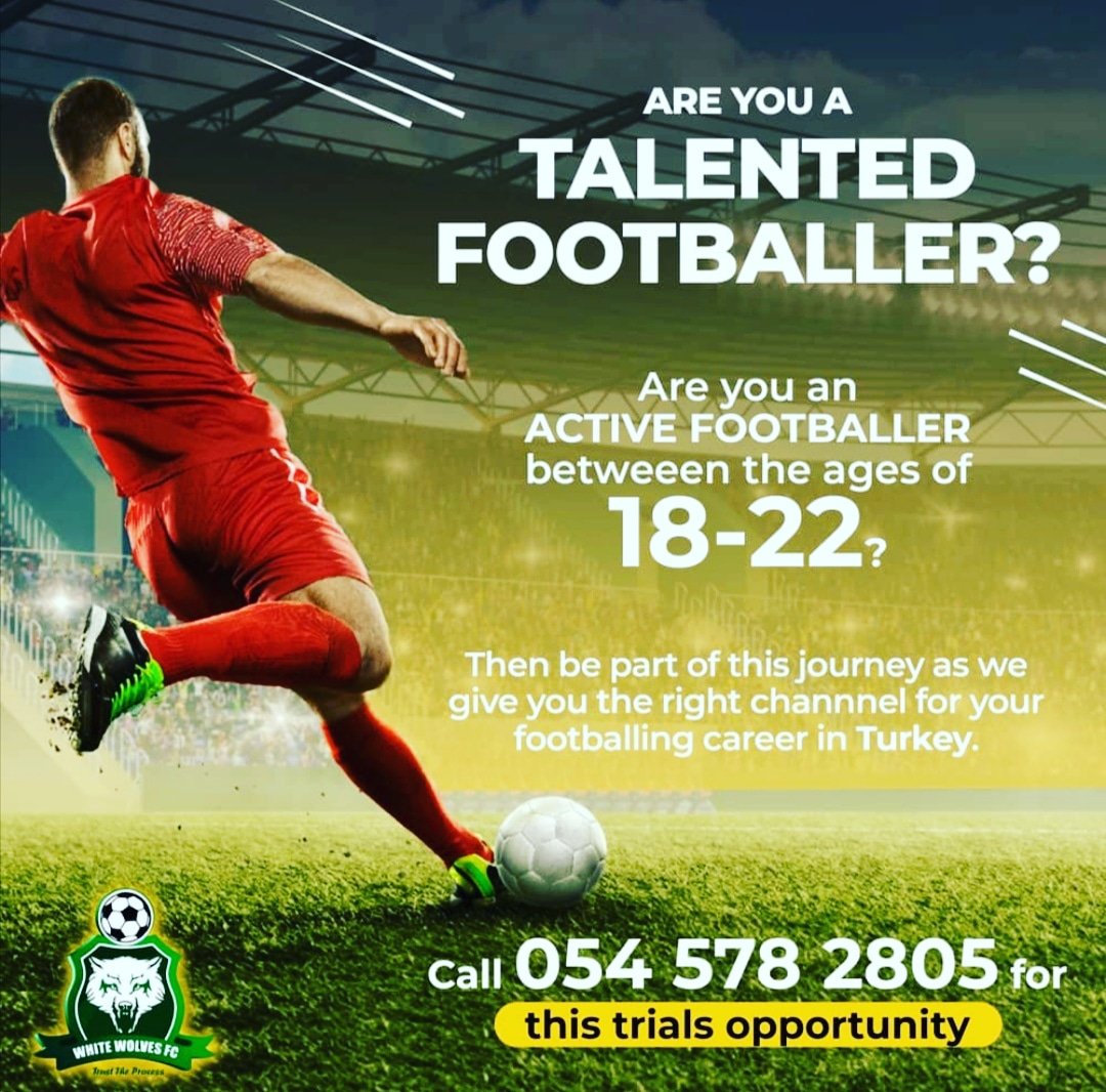 Whitewolvessc's tweet photo. Are you a talented footballer?

Are you an active footballer between the ages of 18-22?

Then be part of this journey as we give you the right channel for your footballing career in Turkey.

Call 0545782805 for this trials opportunity

#WhiteWolvesFC #EastLegon #TrustTheProcess https://t.co/ncAaZ2s3Ok