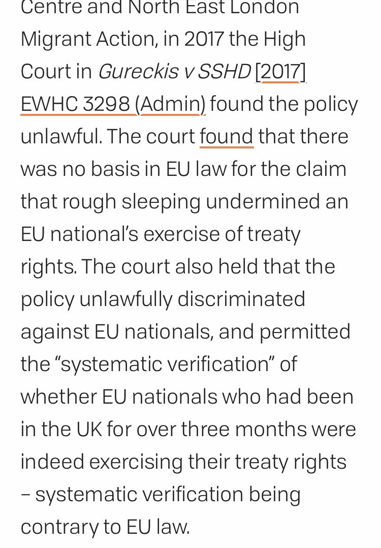 A similar policy being applied to homeless EU nationals was held to be unlawful in 2017 following campaigning &amp; legal challenge by <a href="/publiclawcentre/">Public Interest Law Centre.</a> <a href="/AIRECentre/">The AIRE Centre</a> <a href="/NELMAcampaigns/">NELMA</a> - but ‘a case decided predominantly under EU law will not prove so useful in the post-Brexit landscape.’