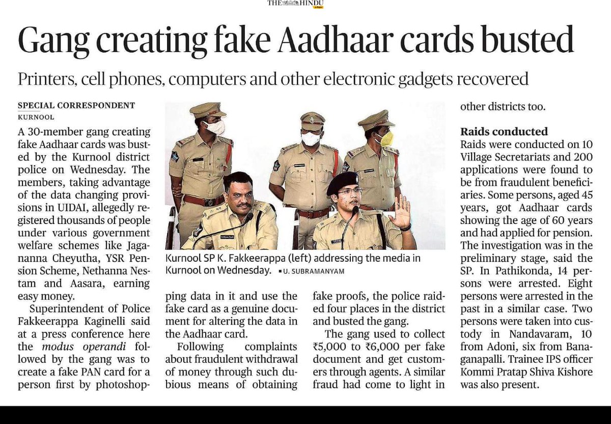 SPsofIndia's tweet photo. #IPSatWork
@PoliceKurnool arrests 30 people on the charges of tampering with #Aadhar Card data.
The accused were charging Rs 5000- Rs 6000 for changing data in each card.
@KPS_Kishore_IPS @APPOLICE100
@SP_Kurnool https://t.co/gL2mEbubgv
