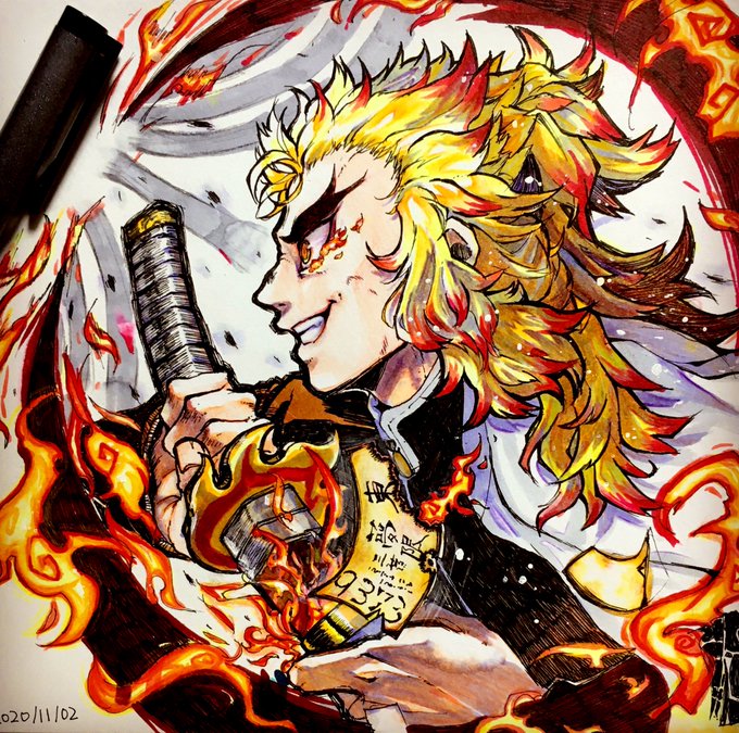 ヨメちゃん【神楽】さんがTwitterに投稿した煉獄杏寿郎(鬼滅の刃)のイラスト。