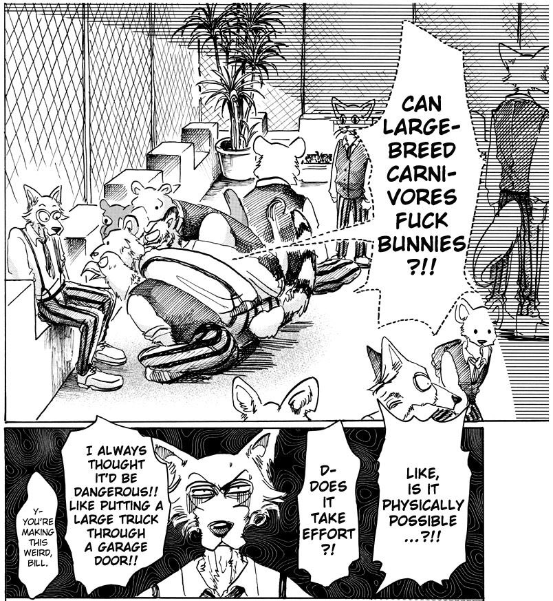 37. BEASTARS - Paru Itagaki. The story takes place in a world of modern, civilized, anthropomorphic animals with a cultural divide between carnivores and herbivores. Manga has way more content than anime, so check it out if you haven't. I can't believe it ended so soon I'm sad? 