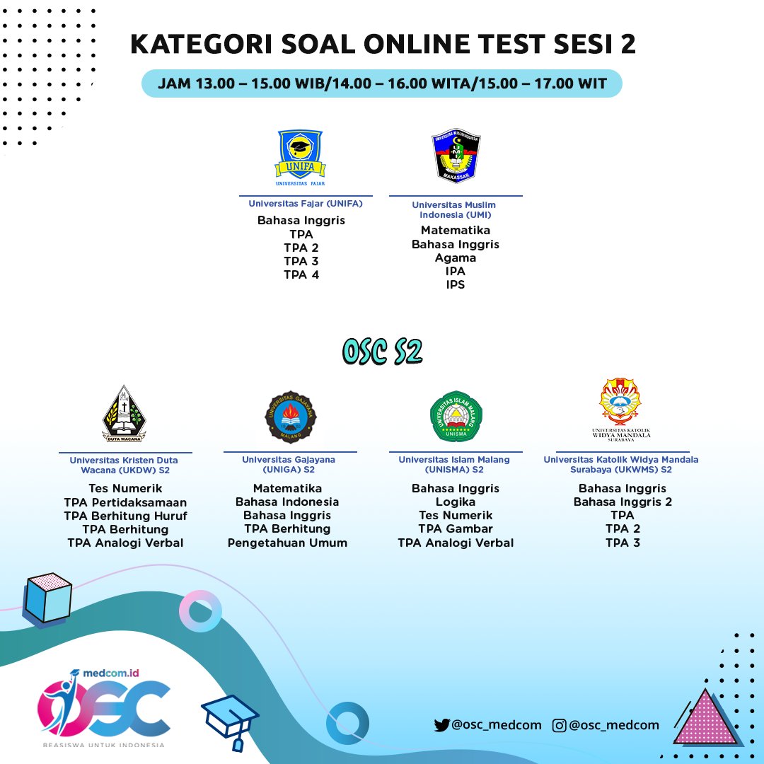 BeasiswaOSC's tweet photo. YANG PALING DITUNGGU #SOBATOSC Cheering megaphone

Disimak info untuk tes online Sabtu, 7 November 2020:

Sesi 2 jam 13.00 WIB/14.00 WITA/15.00 WIT

Disimak dan dicek kembali kampus pilihan kalian ya (caranya login dan cek di profil kalian)

Good Luck!

#oscmedcom2020 https://t.co/1cwyp18avr