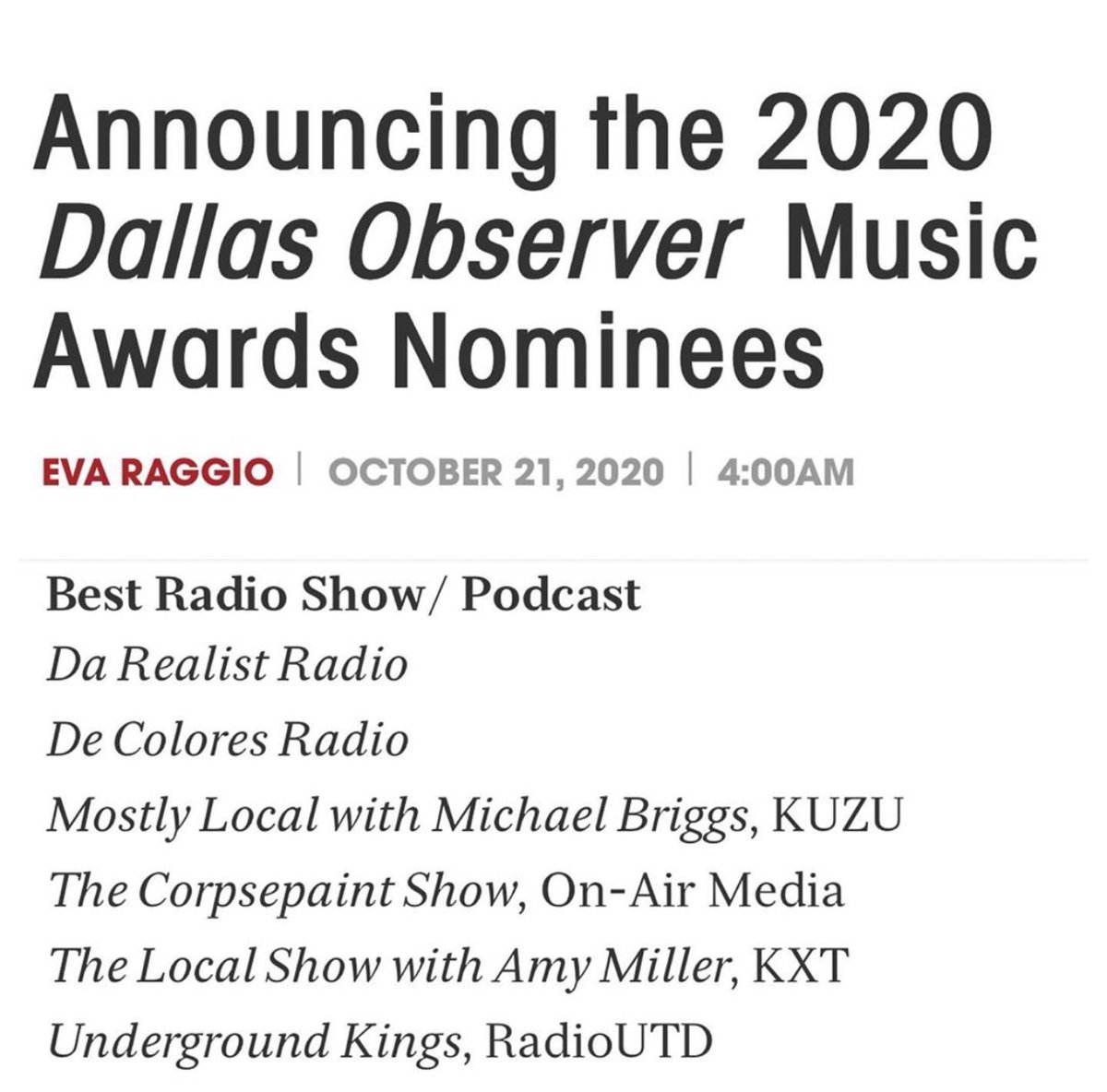 Thank you <a href="/Dallas_Observer/">Dallas Observer</a> for the #DOMA2020 Nominee for Best Podcast <a href="/DaRealistShow/">Da Realist Show on Podcast</a>  🎉

#darealistradioshow #SweetbeatVodka #GlutenFree #NoHangover #GeorgeLopez #ZstarrockProductions #Podcast #Spotify #iTunes #Twitter #Election #TalkShow #Host #anchorpodcast