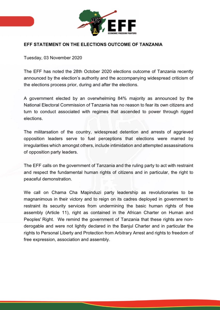 EFFSouthAfrica's tweet photo. EFF Statement on the Elections Outcome of Tanzania https://t.co/xa4FemYoaQ
