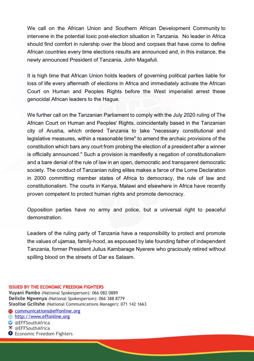 EFFSouthAfrica's tweet photo. EFF Statement on the Elections Outcome of Tanzania https://t.co/xa4FemYoaQ