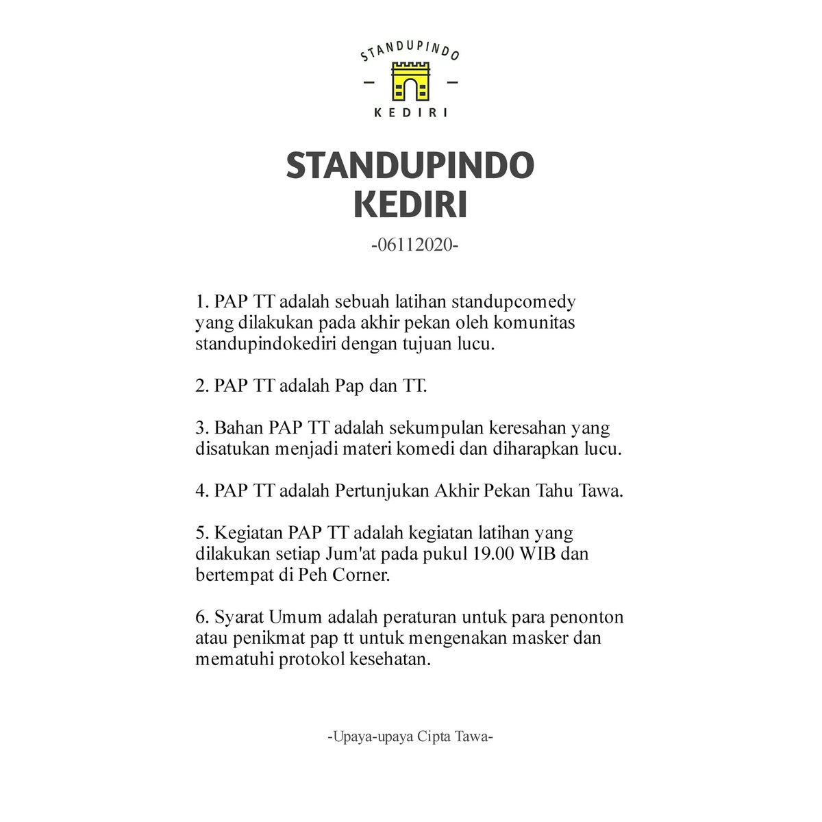 .
Saya tidak membaca hanya memposting.

Oh ya kalau kita bilang nonton PAP TT ya nonton!.

Pertunjukan Akhir Pekan Tahu Tawa setiap Jum'at 19.00 di Peh Corner

#papttkediri