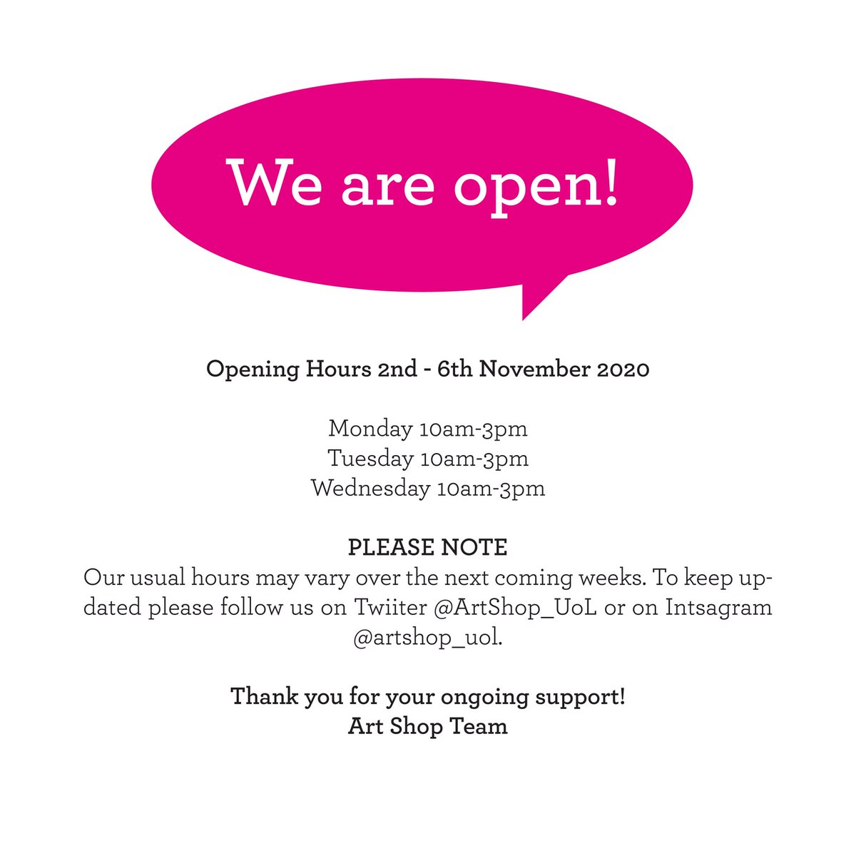 Opening hours for week 2nd- 6th November ⬇️⬇️⬇️