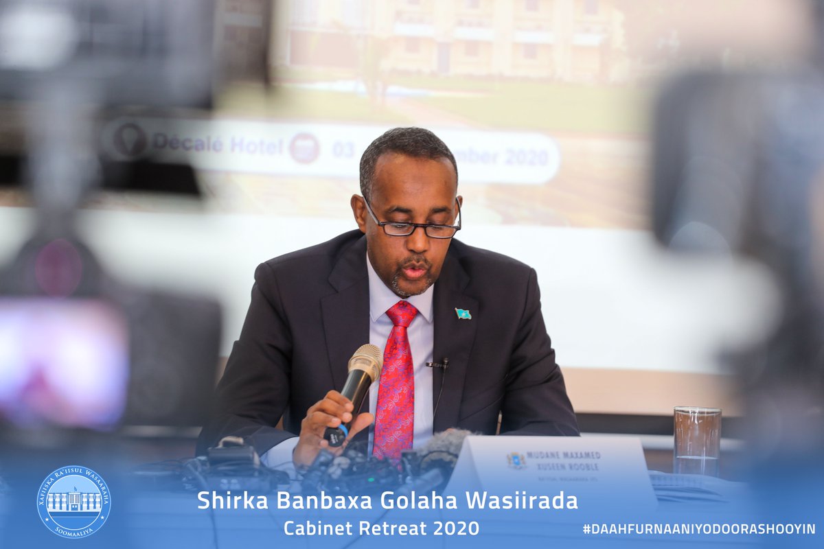 MohamedHRoble's tweet photo. My cabinet and I have converged at Decale Hotel, Mogadishu for a three- days strategic Retreat during which time we shall present the Government program for the next 100 days. #DaahfurnaaniyoDoorashooyin #Somalia https://t.co/Uxf2Pgpzuc
