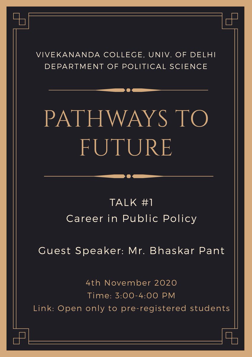 VNC_DU's tweet photo. The Department of Political Science, @VNC_DU is delighted to announce the inaugural session in its series of #PathwaysToFuture hangouts. 
We look forward to Mr. @bhaskar_pant1, co-founder of @PolicyMonks, talk about career in public policy and development to our students. https://t.co/4x2HFgzmND