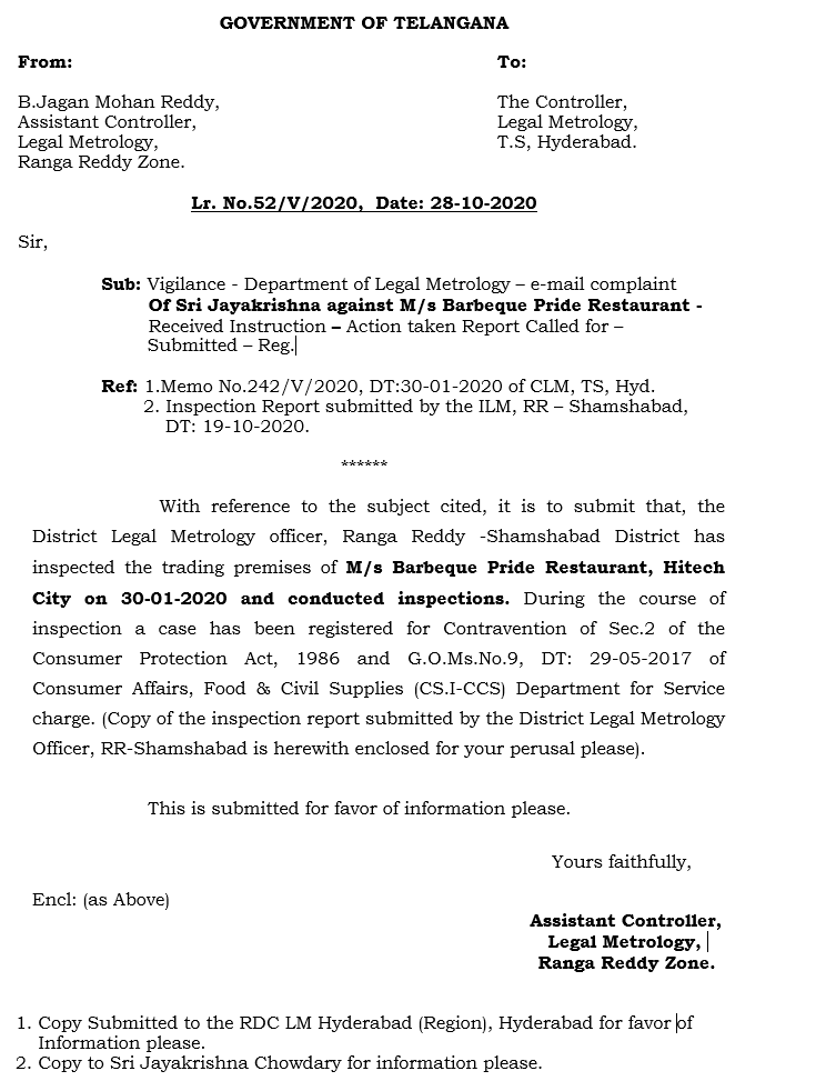 SSPGHyd's tweet photo. Justice Delayed but not Denied @JKCgudapati has complained to Legal Metrology department in Jan 2020 on #BarbequePride Regarding the Service Charge & today he Received the ATR which is after 9 Months about the action taken. Consumers don't tolerate the evil practises #raisevoice https://t.co/5A898SgADW