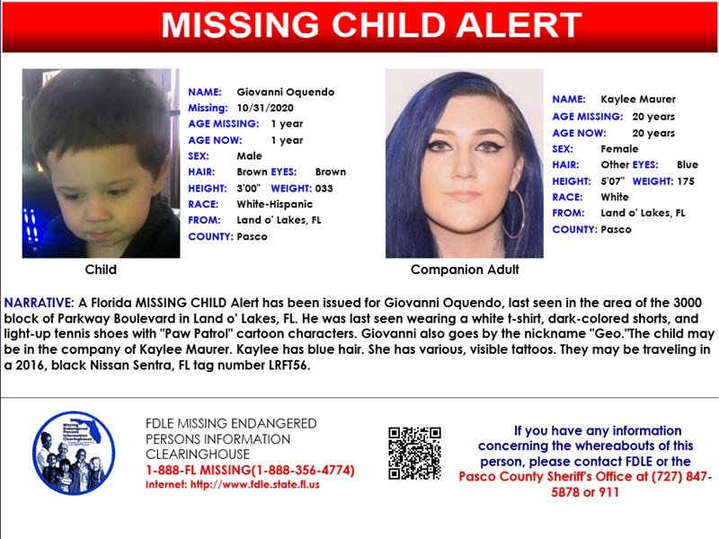fdlepio's tweet photo. PLEASE SHARE! #FLMissingChild Alert for 1yo Giovanni Oquendo, last seen in Land o' Lakes, Fla. May be w/ Kaylee Maurer. Kaylee has blue hair &amp; various, visible tattoos. 2016 black Nissan Sentra, FL tag LRFT56. Have info? Contact Pasco County SO at (727) 847-5878 or 911. https://t.co/0tFDjmS90c