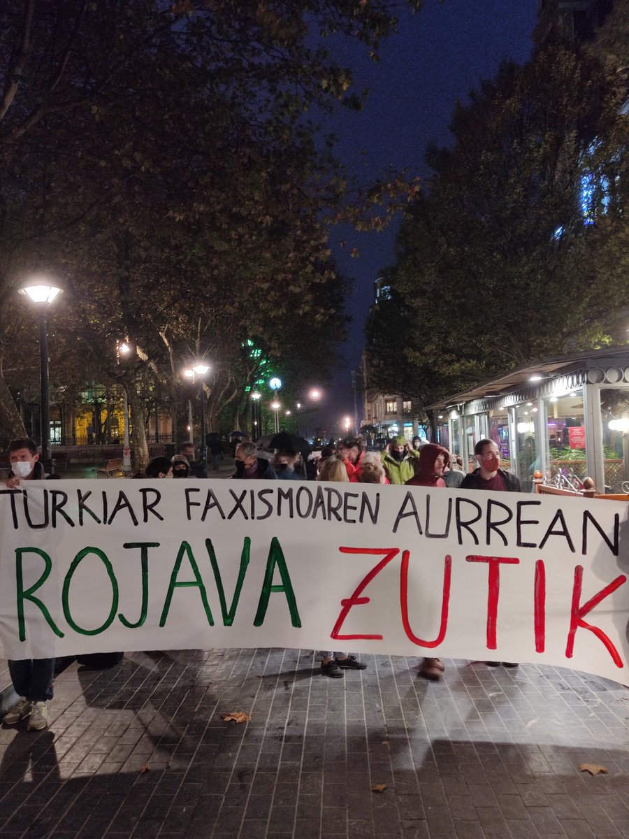 Demonstration and film screening of 'Jibo Azadiye' yesterday in  #Donostia, Euskal Herria (Basque Country), for  #WorldKobaneDay and on the day of  #antifascism in the context of our action week!Banner says: 'Resisting Turkish Fascism, Rojava is rising up!' #RiseUpAgainstFascism