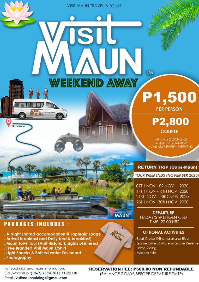 hennymaps's tweet image. 📸| Visit Maun Weekend Away! Join them on the stipulated dates for an awesome trip from Gabs to Maun. All details on flier! Call @visitmaun now on +267 75 320 301 / +267 71532110 to reserve your seat! 
#VisitMaun 
#WeekendAway