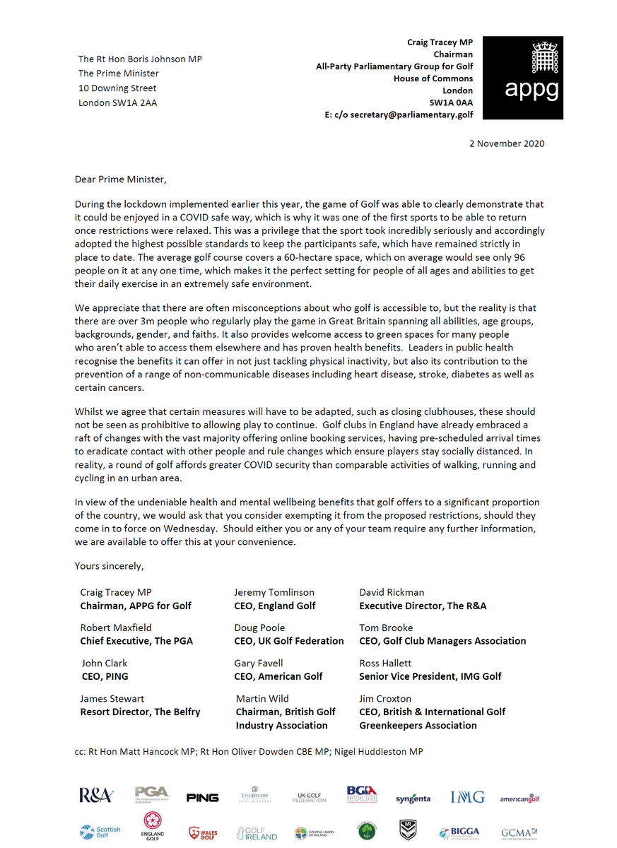 ThePGA's tweet photo. PGA Chief Executive Robert Maxfield is a signatory on a letter to the Prime Minister asking the Government to allow golf to continue during lockdown by highlighting the positive health benefits the game offers.
Read more
➡️ https://t.co/qA1k8WRilD https://t.co/YSHfbV4jBW