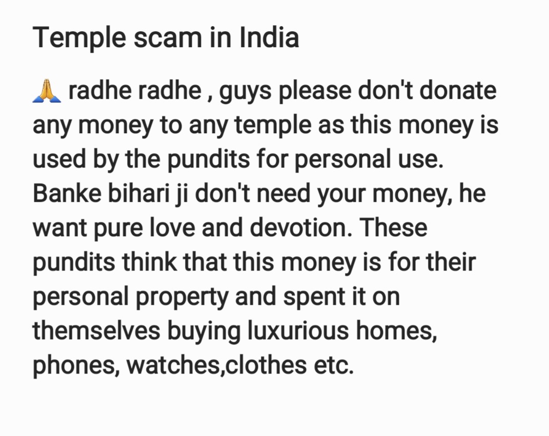 priyank004's tweet image. #Donations #Scam2020 #templescam 
120 crore donation comes to banke bihari ji temple each year. The pundits of this temple use it for personal expenses 
Request everyone to forward this, and stop this right away. 
#Election2020 #CBIDelayingSSRJustice