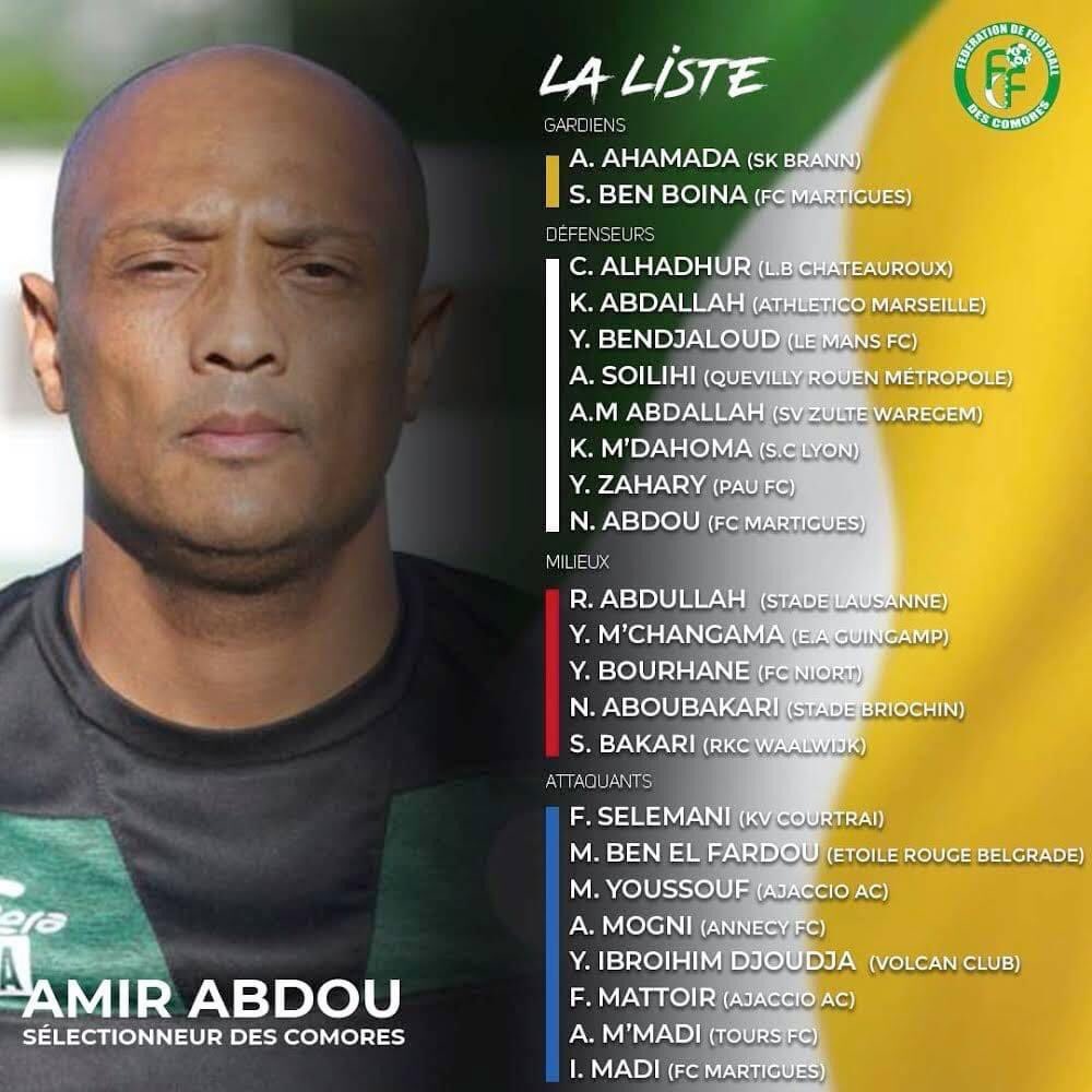sartaouidine's tweet photo. CAN 2022 | La liste des sélectionnés 🇰🇲

Le sélectionneur des Verts a dévoilé sa liste des 23 joueurs en vue de la 3e et 4e journée des phases éliminatoires de la #CAN2022 face au Kenya. 

Place à la compétition tant attendue des hommes d’Amir Abdou.

#Coelacanthes #VeriPiya 💪🤝 https://t.co/vMKbTmls17