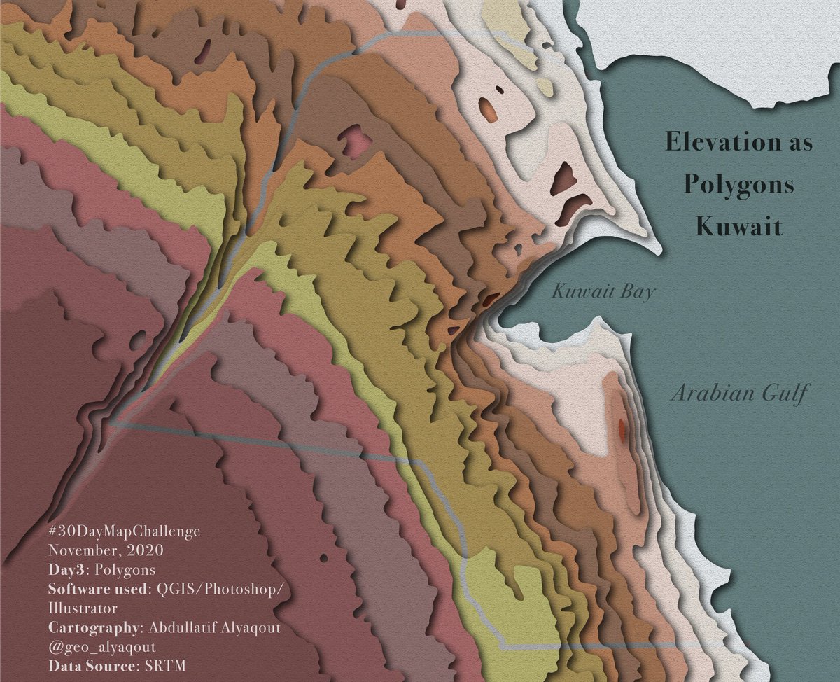 geo_alyaqout's tweet image. #30DayMapChallenge
Day3: Polygons

Title: Elevation as Polygons, Kuwait

The data used are from #SRTM

I used 
@qgis, @Photoshop, and @Illustrator

The elevations were generalized, and the colors are arbitrary

I know, terrible colors!!

#cartography #geography #gis #kuwait