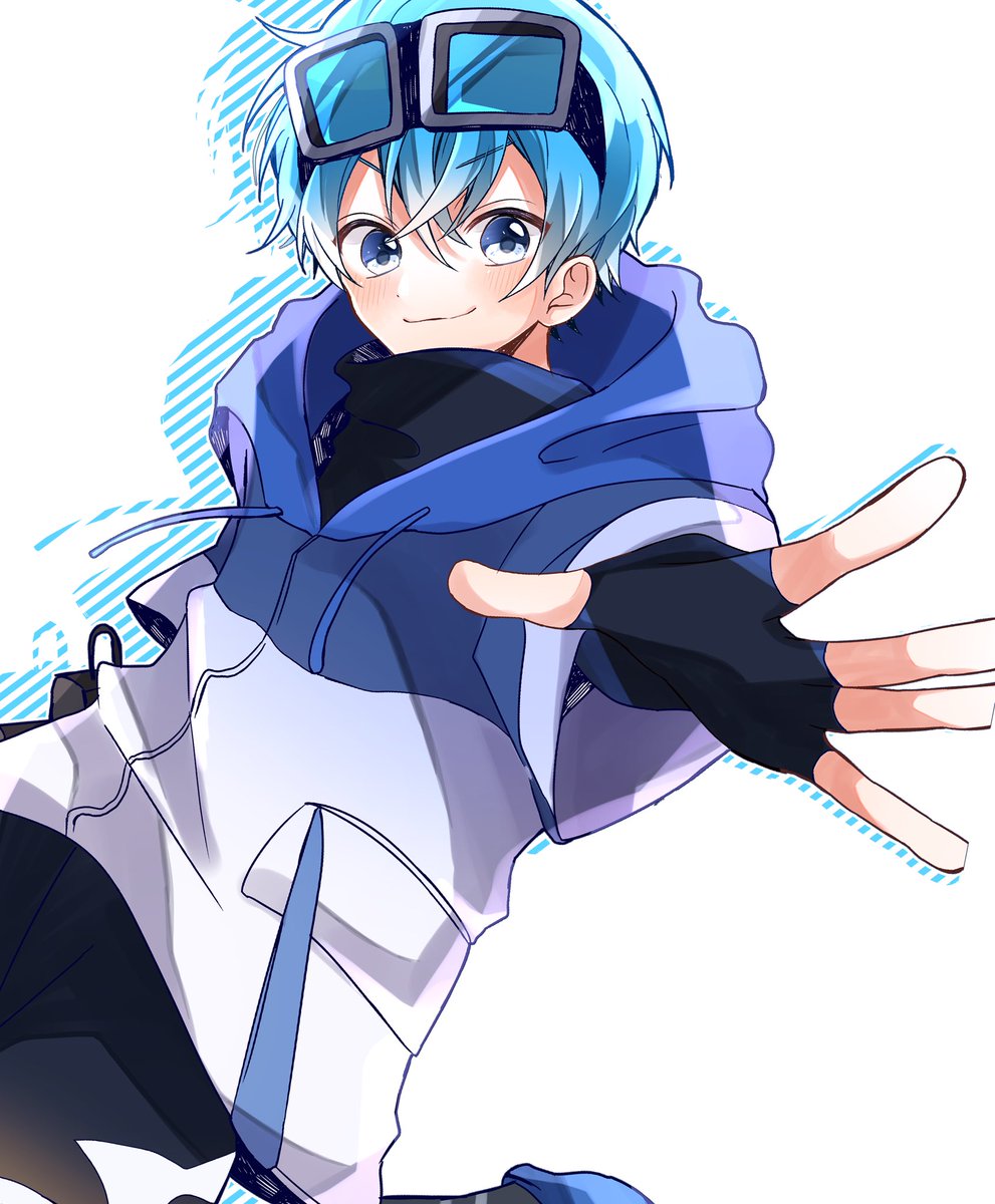 1boy male focus blue hair blue eyes goggles on head goggles fingerless gloves  illustration images