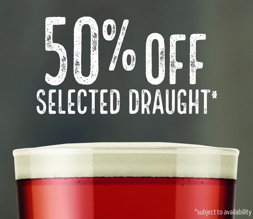 Fancy a night pint with your substantial meal ?  We have carling, hop house, porterhouse pilsner, Strongbow and Strongbow dark fruits with 50% off but when the kegs empty there’s no more