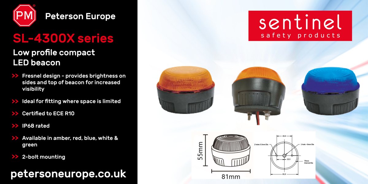 Our SL-4300X low profile, compact LED beacon range is available in amber, red, blue, white &amp; green and provides brightness on the sides &amp; top for increased visibility. petersoneurope.co.uk
 
#PetersonEurope #LEDLighting #VehicleLighting #SafetyLighting #Headlights #Logistics