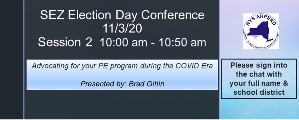 Let’s talk about advocacy!  Hope you can join this session today! <a href="/SEZnysahperd/">Southeastern Zone</a> <a href="/SEZ_COA/">Southeastern Zone COA</a> <a href="/CCSD_HPE/">Chappaqua CSD_Physical Education and Health</a> #PhysEd #healthed