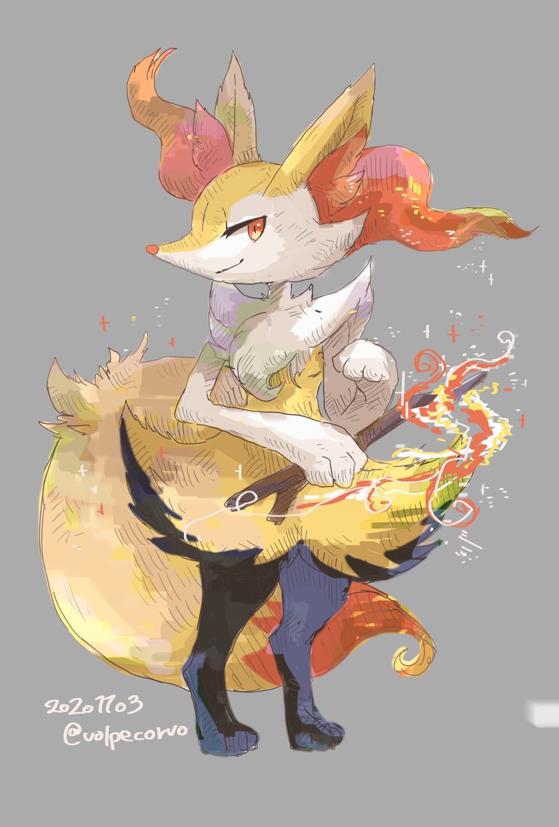 braixen stick pokemon (creature) animal ear fluff solo dated furry simple background  illustration images