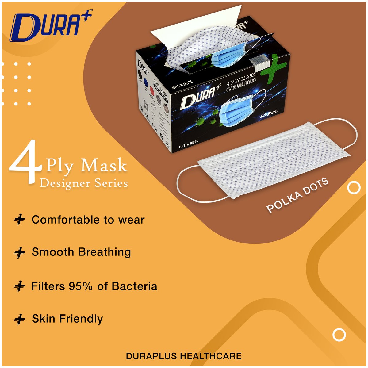 #Duraplus #4PLY #InnerLoop #DisposableFaceMask with #SMSFilter #POLKADOTS
#DesignerSeries 
#BFE ≥ 95%
#DesignByCalifornia #MadeInIndia 
#Call us for more queries at +91 9311350110 
#Mydura #duraplushealthcare #innerloopmask #Surgicalmask #comfort #new #memes #protection #shop