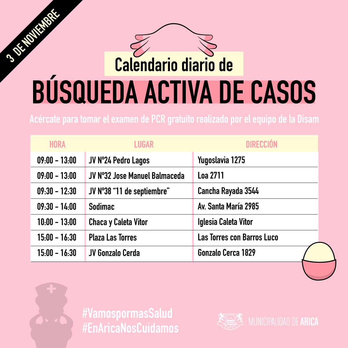 MuniArica's tweet photo. CALENDARIO BAC 🩺 | #Arica: Estos son los lugares que los equipos de #DISAM visitarán hoy, martes 3 de noviembre, para tomar el examen de #PCR en forma gratuita ⬇️ ⬇️
#Vamospormas salud https://t.co/KomtYgBW29