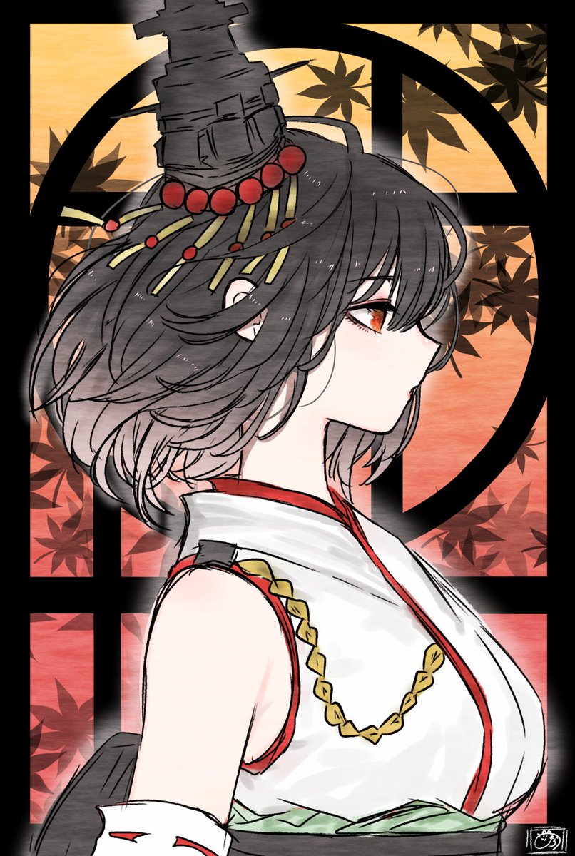 yamashiro (kancolle) 1girl solo black hair short hair detached sleeves red eyes upper body  illustration images