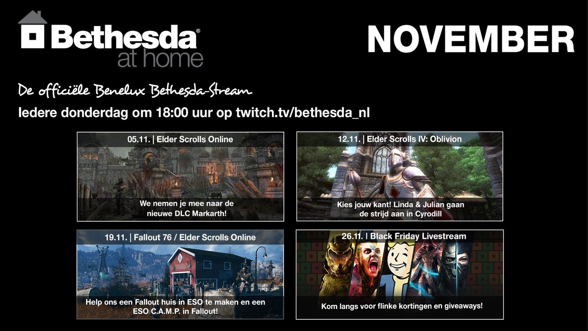 Een nieuwe maand, een nieuw schema! Ook in november gaan we uiteraard door met onze Bethesda at Home livestreams. Schakel iedere donderdag in om 18:00 op twitch.tv/bethesda_nl.