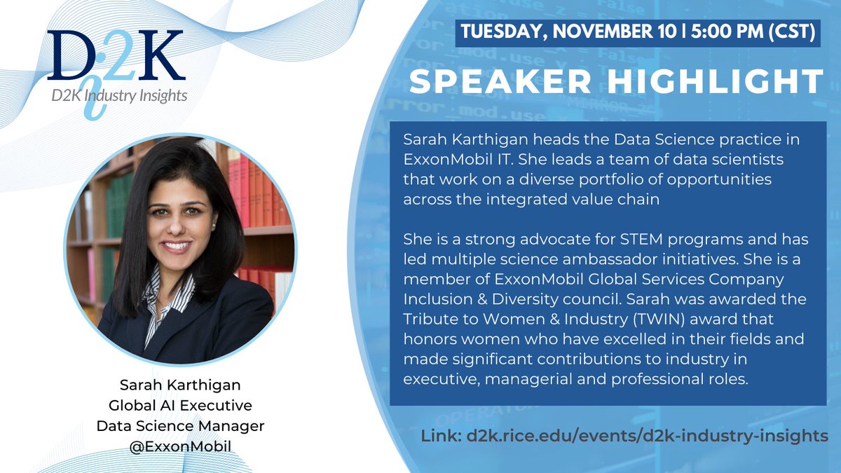 Rice_D2KLab's tweet photo. Why is it crucial to have an #AI strategy that fosters #inclusion? We are excited to have #datascience manager and global AI executive, Sarah Karthigan @exxonmobil to share her insights on Inclusive AI:
🗓️ Tuesday, November 10, 5 PM (Central Time)
👉 RSVP: https://t.co/yFZfhmCYGb https://t.co/ICW7Ajz8rk
