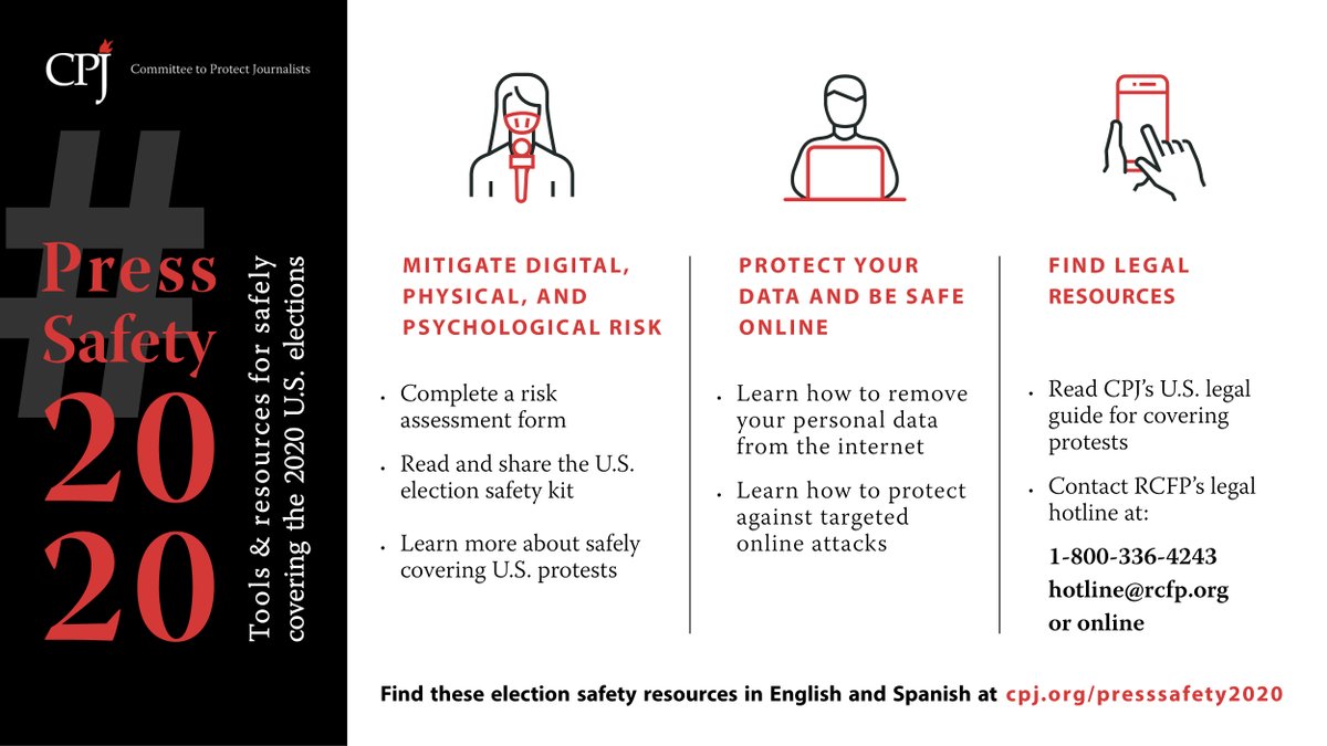 Hey journalists! Are you covering the U.S. elections? Be sure to have safety information easily accessible.

-Screenshot or print out our #PressSafety2020 one-pager
-Write down @rcfp’s legal hotline number: 1-800-336-4243
-Contact electionsafety@cpj.org with safety questions