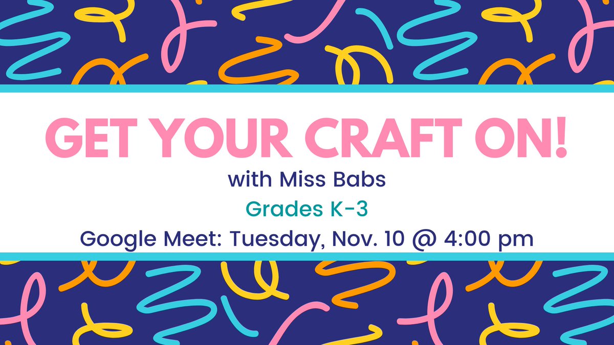 greenvillelibri's tweet photo. Children in grades K-3 are invited to join Miss Babs in a Google Meet for a crafty afternoon on Tuesday, November 10 at 4:00 pm.  Space is limited to 12 children. Please register here to reserve your kit and receive a link to our Google Meet: https://t.co/2Wq6MujhzY https://t.co/2U4519svbM