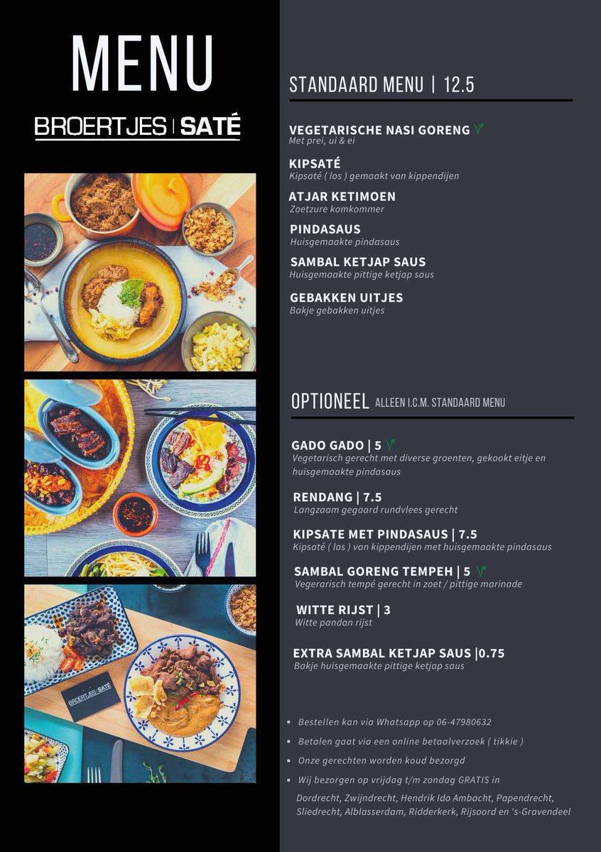 broertjessate's tweet photo. ▪️ 𝐍𝐈𝐄𝐔𝐖 𝐌𝐄𝐍𝐔▪️
Dit weekend starten wij met een nieuw menu. Je kunt ons standaard menu nu combineren met optionele gerechten. Bestellen kan vanaf vandaag via Whatsapp op 06-47980632. #broertjessate #thuisbezorgd #gratisbezorging #nieuwmenu #menukaart https://t.co/SudIcDTULH
