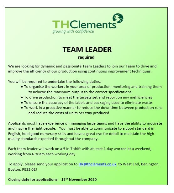 THClements1966's tweet photo. We're currently looking for a Team Leader
See advert for more information and details on how to apply
https://t.co/17ggqaf5Cs
#THClements #Lincolnshire #Farming #Jobs #freshproduce https://t.co/2Wbj2oU7uk