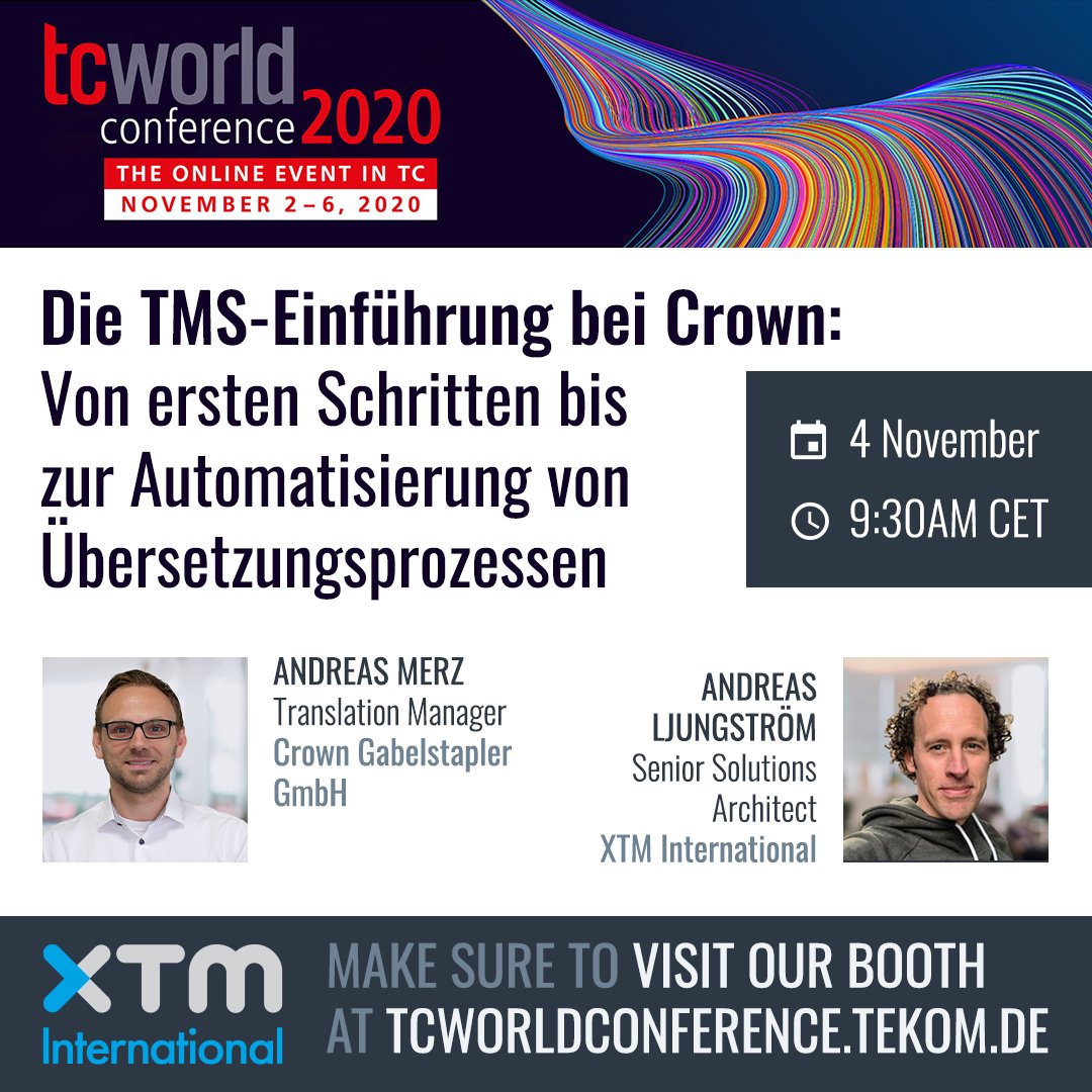 xtmintl's tweet photo. Interested in finding out how to implement an enterprise-level TMS, and automate your translation process?
Join us at #tcworld2020 with Andreas Merz and Andreas Ljungströms who will present how Crown introduced XTM Cloud. https://t.co/NYIwJLwsRf
#meetxtm #Crown #l10n #tekom https://t.co/Kaxm9lJJk1