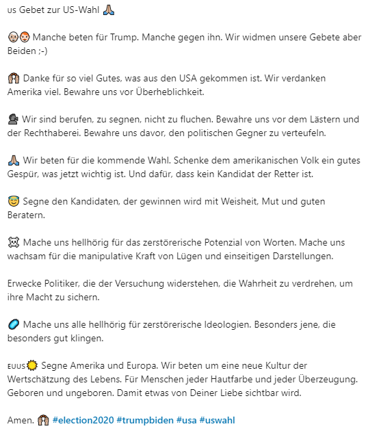 Gerade erste Gebet zur US-Wahl auf LinkedIn gesehen.
Jetzt kann ja nichts mehr schiefgehen...

#Election2020 #LinkedIn #Elections2020 #Amen