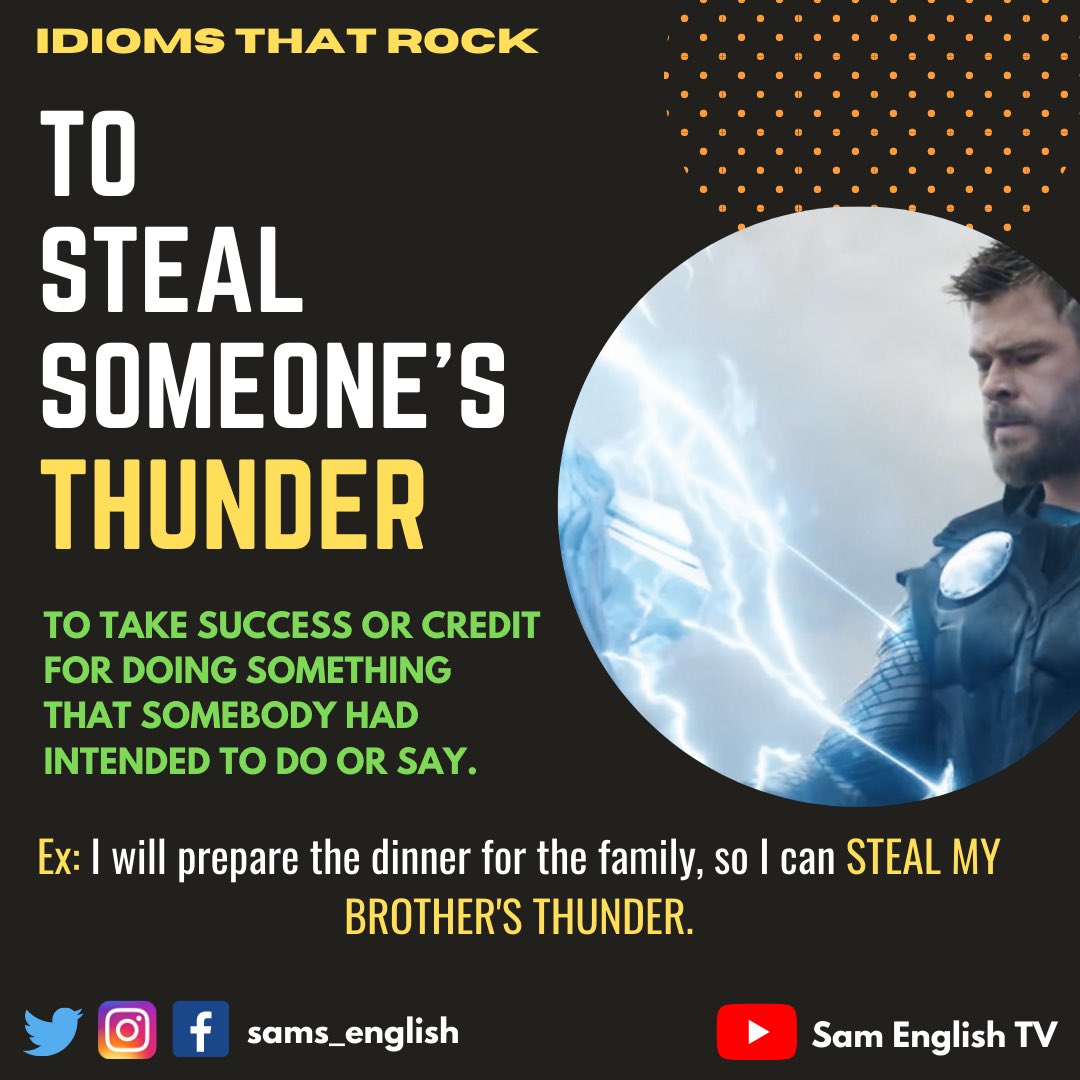 #HappyMonday #FelizMartes 

I have decided to start a new section and is called IDIOMS THAT ROCK🚨

Today’s Idiom👉🏼 Steal someone’s thunder 

In spanish 🇪🇸 👉🏼 ROBAR EL PROTAGONISMO

Has somebody ever stolen your thunder? 🤔😂⚡️

#ESL #INGLES #ENGLISH #TEFL